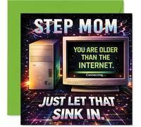 Funny Birthday Card for Step Mom - Let the Nostalgia Begin - Retro Computer Design with 'older Than the Internet' Joke - 145mm Square, Envelope Included