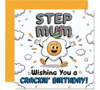 Funny Birthday Card for Step Mum - Egg-cellent Laughs for Your Step Mum - Cheery Cartoon Egg in Party Mood - 145mm Square, Envelope Included