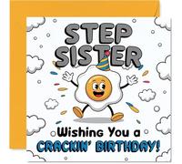 Funny Birthday Card for Step Sister - Eggstra Laughs Guaranteed - Cheerful Cartoon Egg with Party Hat - A Cracking Way to Brighten Her Special Day - 145mm Square, Envelope Included