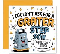 Funny Birthday Card for Step Son - A Grate Way to Say You're Brilliant - Smiling Cheese Grater Cartoon and Pun - 145mm Square, Envelope Included