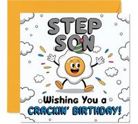 Funny Birthday Card for Step Son - Egg-cellent Birthday Laughs - Cartoon Egg in Party Hat with Confetti - Sure to Crack a Smile - 145mm Square, Envelope Included