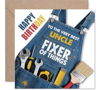 Funny Birthday Card for Uncle - Celebrating the DIY Legend - Denim Overalls Packed with Tools - Cheers to Your Fix-it Skills - 145mm Square, Envelope Included