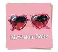 Funny Birthday Card For Women - Birthday Babe - Love Heart Sunglasses Design - Pink Happy Birthday Card For Woman, Friend, Bestie