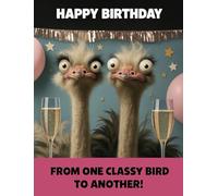 Funny Birthday Card for Women - “From One Classy Bird to Another” - Cute Ostrich Design, Champagne Theme, Humorous Greeting Card with Envelope, Humorous Birthday Card For Her