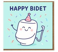 Funny Birthday Card - 'Happy Bidet' Pun with Cute Cartoon Bidet, Party Hat and Confetti - Light-hearted Toilet Humour for Friends or Family