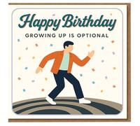 Funny Birthday Card - Happy Birthday, Growing Up Is Optional - Retro Dancing Man and Confetti Design