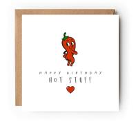 Funny Birthday Card, 'Happy Birthday Hot Stuff', Chilli Pepper Design, Blank Inside, with Kraft Envelope, 148x148mm