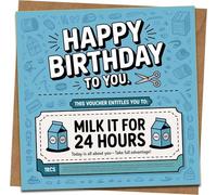 Funny Birthday Card - Happy Birthday Voucher 'Milk It for 24 Hours' - 145mm x 145mm, Blank Inside, Includes Kraft Envelope - For Him, Her, Friend, Men, Women