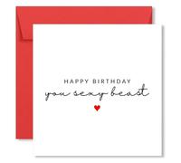 Funny Birthday Card | “Happy Birthday You Sexy Beast” | Text with Single Red Heart | Humorous Card for Partner or Spouse