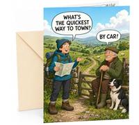 Funny Birthday Card Hiker & Farmer Joke in Countryside | Large A5 Card with Printed Inside Message; Countryside cartoon gag a lost hiker, a deadpan farmer for Birthday