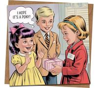 Funny Birthday Card - I Hope It’s a Pony - Retro Vintage Kids Illustration, Blank Inside, 145mm x 145mm Square Greeting Card with Kraft Envelope for Friends, Him, Her
