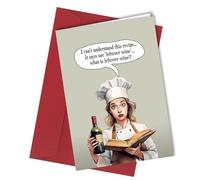 Funny Birthday Card, Ideal for Anniversay, Retirement or Mothers Day, for Women, Confused Woman Reading Recipe Book Design, 'Leftover Wine' Humour, Blank Inside #1624