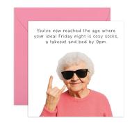 Funny Birthday Card - Ideal Friday Night Is Bed by 9pm - Hilarious Card for Mum, Dad, Grandparents, Nana, Grandmum, Grandpa, Sister, Friends, Besties, Family - Comes with Fun Stickers
