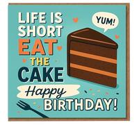 Funny Birthday Card - Life Is Short Eat The Cake - Chocolate Slice Illustration with Hearts, Confetti and 'YUM!' Speech Bubble - Playful Food Pun