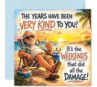 Funny Birthday Card - Light-hearted Beach Vibes - Elderly Chap Relaxing with Witty Weekend Damage Joke - 145mm Square, Envelope Included