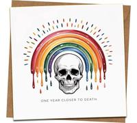 Funny Birthday Card - One Year Closer to Death Skull Rainbow - 145mm x 145mm Square Greeting Card with Kraft Envelope, Dark Humor for Him Her Friends