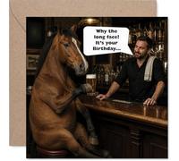 Funny Birthday Card - Pub Pun with a Horse at the Bar - Cheeky Cartoon Scene and Classic 'Why the Long Face?' Joke - Sure to Get a Birthday Laugh - 145mm Square, Envelope Included