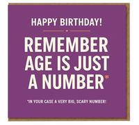 Funny Birthday Card - Remember Age Is Just a Number - Purple Bold Typography with Cheeky Footnote - Hilarious Milestone Banter for Friends, Him or Her