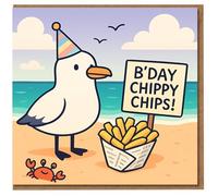 Funny Birthday Card - Seagull with Party Hat, Chippy Chips on the Beach, 'B'DAY CHIPPY CHIPS!' Coastal Humour