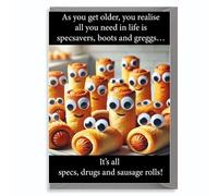 Funny Birthday Card Specs Drugs Sausage Rolls Humour for Him Her Older Friend Brother Sister Adult Joke Design 5x7 with Envelope JBS01