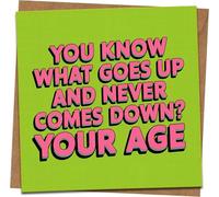 Funny Birthday Card - “You Know What Goes Up and Never Comes Down? Your Age” - 145mm x 145mm Square Greeting Card with Kraft Envelope for Him, Her, Friend, Men, Women