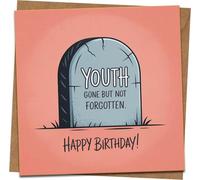 Funny Birthday Card - “Youth Gone But Not Forgotten” Tombstone Design, 145mm x 145mm Square Greeting Card with Kraft Envelope, Humour for Him Her Friends Family