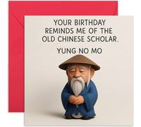Funny Birthday Cards for Men Women, Yung No Mo Chinese Scholar Joke, Hilarious Design for Dad Brother Step Dad Son Grandpa Grandson - Square, Blank Inside with Premium Envelope