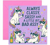 Funny Birthday Cards for Women, Classy Sassy and Bad Assy, Cute Unicorn Design for Her - Square, Blank Inside with Premium Envelope