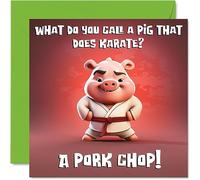 Funny Birthday Cards for Women Men - Dad Joke Karate Pig - Happy Birthday Card for Mum Dad Brother Sister Son Daughter Nan Grandad Cousin Colleague, 145mm Joke Humour Banter Greeting Cards