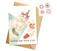 Funny Birthday Greeting Card, Another Year Knock It Off Card, Cute Cat Birthday Card, Sarcastic Birthday Humor Card with Cat and Cake, Animal Birthday Card, Single 5.3''x 8'' Folded with Envelope