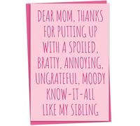 Funny Birthday or Mothers Day Card for Mom, Dear Mom Thanks for Putting Up With My Sibling, Birthday Card Mom, Rude Card for Mom, Rude Mothers Day Card for Mom