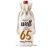 Funny Birthday Wine Bag Gifts - 65th Birthday Gift Ideas, Pairs Well with Celebrating 65 Drawstring Burlap Wine Bottle Bag for Women, Men, Loved Ones, Mom, Dad, Grandpa, Grandma, Friends, Neighbors
