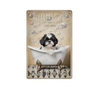 Funny Black and White Shih Tzu Wash Your Paws Sign - Rustic Metal Wall Art 8x12 in - Cute Dog Decor for Bathroom, Laundry Room or Pet Corner