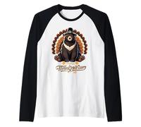 Funny Black Bear with Turkey Feathers Thanksgiving Raglan Baseball Tee