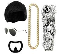 Funny Black Bowl Cut Set, Goatee, Gold Chain, Fake Tattoo Sleeves & Shades - Funny Fancy Dress Costume Kit for Festivals & Parties Trend