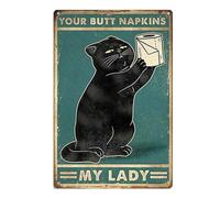 Funny Black Cat Bathroom Sign - "Your Butt Napkins My Lord" Retro Metal Wall Art Decor, 8x12 Inch Black Cat Wall Art for Bathroom Home Bar