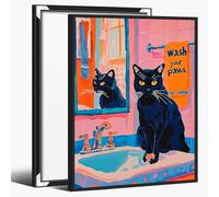 Funny Black Cat Bathroom Wall Art, Wash Your Paws Quote Poster, Quirky Animal Canvas Print, Modern Wall Decor for Bathroom or Toilet 20x25cm Black Frame
