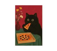 Funny Black Cat Eating Pizza Kitchen Decoration Poster Canvas Poster Bedroom Decor Landscape Office Room Decor Gift 16" L X 24" W