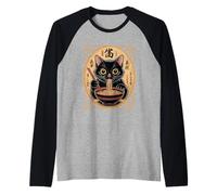 Funny Black Cat Eating Ramen Noodles Japanese Raglan Baseball Tee