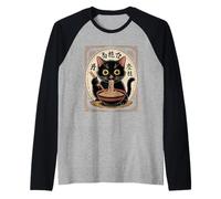 Funny Black Cat Eating Ramen Noodles Japanese Raglan Baseball Tee
