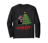 Funny Black Cat Gift Pushing Christmas Tree Over Cat What? Long Sleeve T-Shirt