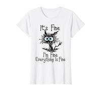 Funny Black Cat It's Fine I'm Fine Everything is Fine Design Value Graphic T-Shirt, Women, White, L