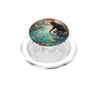 Funny Black Cat Koi Pond Japanese Sakura Red Moon Cat Lover PopSockets PopGrip for MagSafe