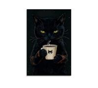Funny Black Cat Love Coffee Canvas Wall Art Posters Prints Painting for Bedroom Classroom Dorm Living Room Office Decor 08x12inch(20x30cm)