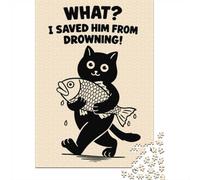 Funny Black Cat Poster, I Saved Him From Drowning Cat Humor Wall Art Print Jigsaw Puzzle for Adults, 1000 Pieces, 52x38cm/1000pcs, Quiet Home Activity, Evening Leisure And Year-Round Leisure
