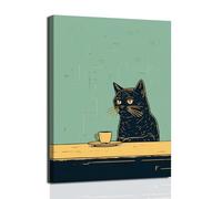 Funny Black Cat Wall Art Cute Cats With Coffee Wall Decor Paintings Eclectic Animal Meme Canvas Poster Prints Aesthetic Whimsical Pet Kitty Picture for Dining Room Cafe Kitchen Framed 12x16 inch