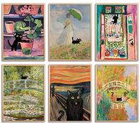 Funny Black Cat Wall Art Set of 6 Vintage Monet Matisse Canvas retro Artwork Posters For Room Aesthetic Living Room Bathroom Bedroom wall Decor 08X10in UNFRAMED