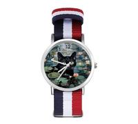Funny Black Cat Water Lillies Automatic Watch Nylon Strap Bracelet Watch Easy Read Wrist Watch