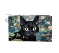Funny Black Cat Water Lillies Coin Purse Fashion Canvas Pouch Portable Wallet Makeup Bag for Men Women