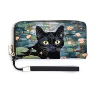 Funny Black Cat Water Lillies Leather Wallet Fashion Purse Long Pouch with Wrist Strap for Men Women